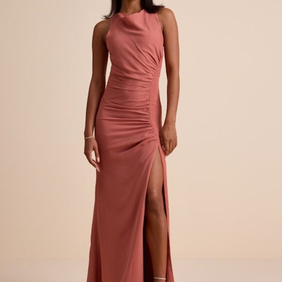 Lulus Mikaila Rusty Rose Cowl Neck Ruched Column Maxi Dress Pink - XS - NWT - Picture 1 of 1